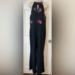 WHBM NWT Black Floral Halter Jumpsuit Wide Leg Keyhole Front Back Zip Size 14